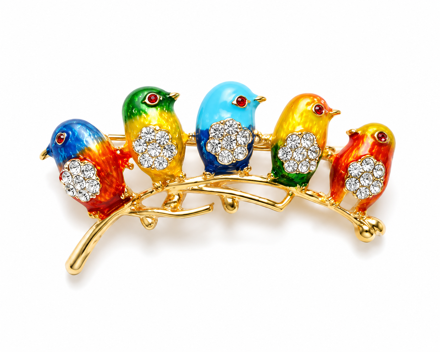 Colorful Five-Bird Gold Brooch