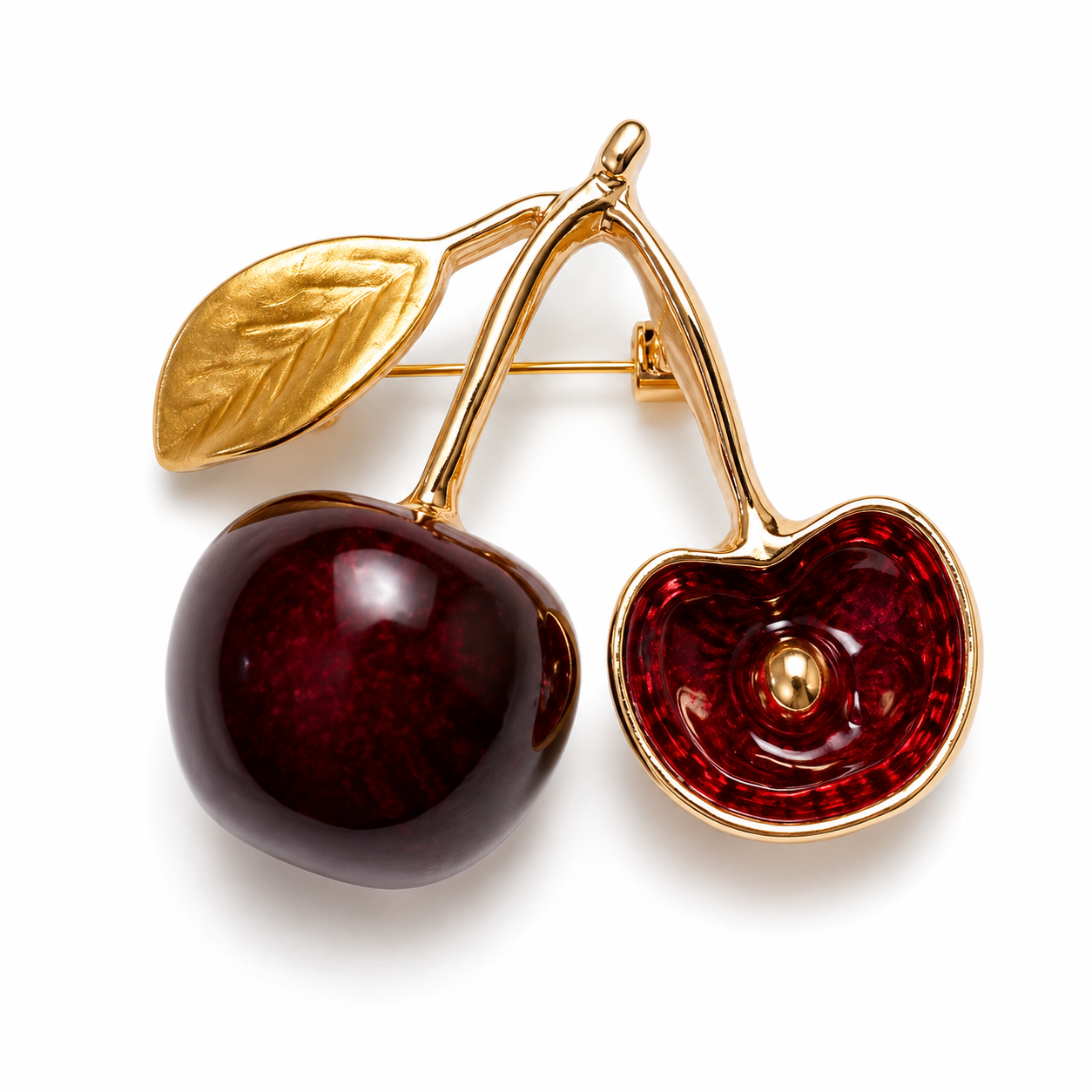 Glossy Gold Cherry Brooch on White