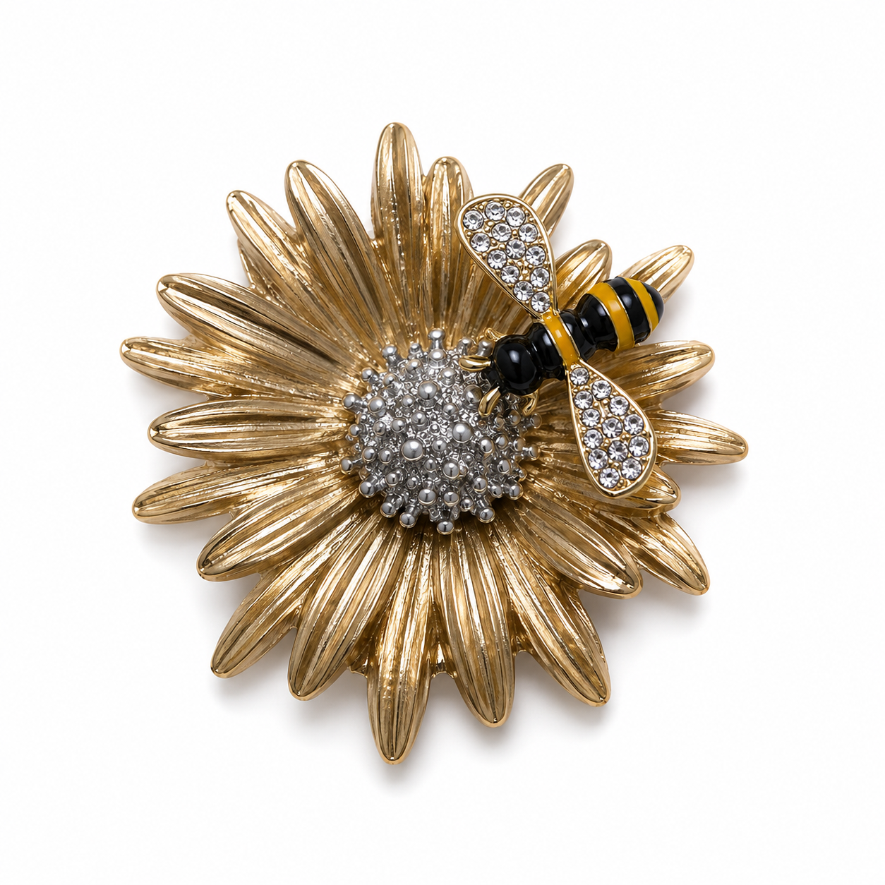 Gold Bee on Textured Flower Brooch