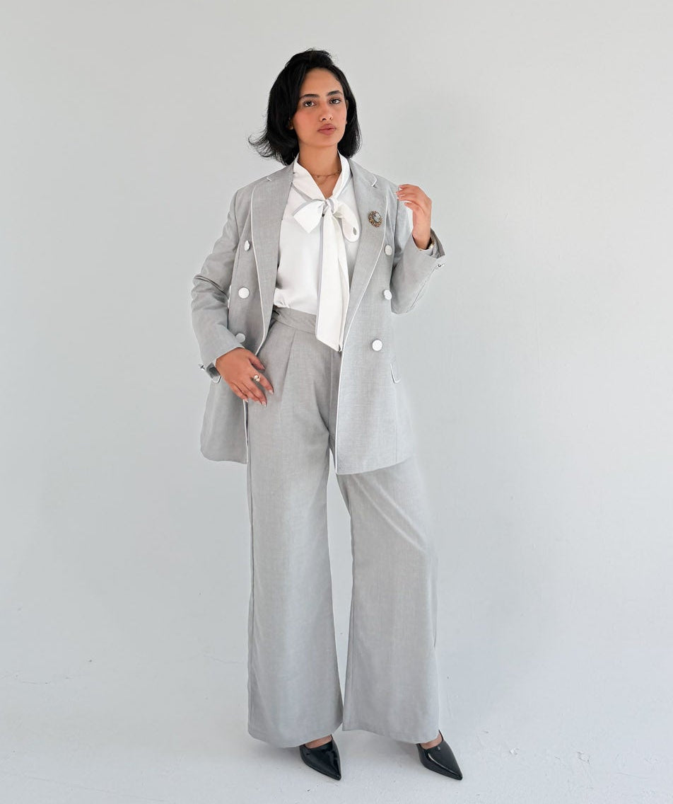 White Bow Blouse with Gray Piping