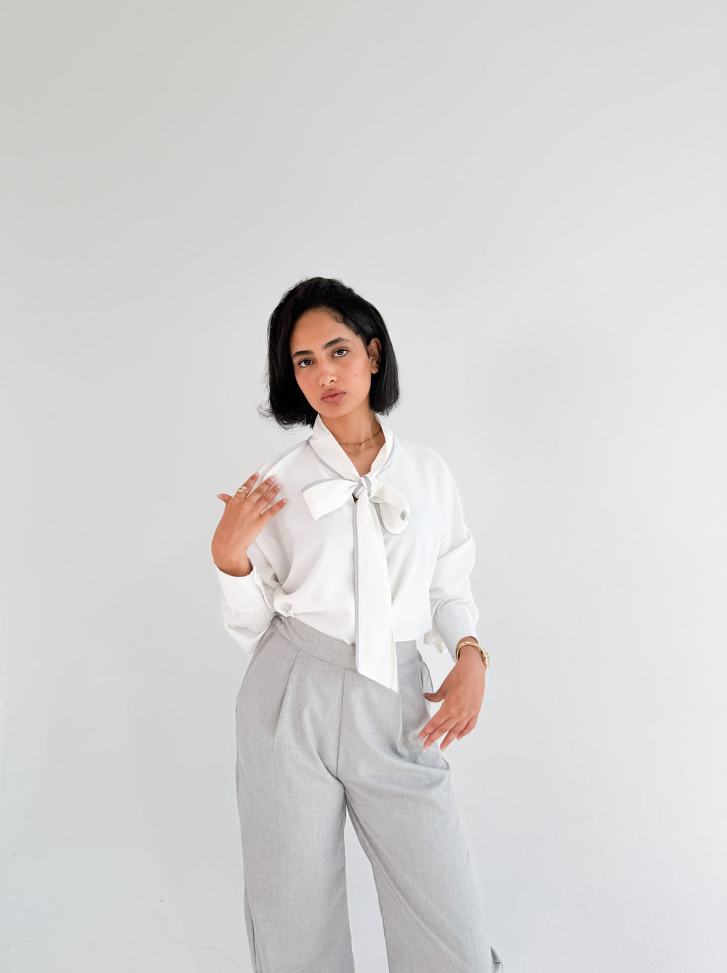 White Bow Blouse with Gray Piping