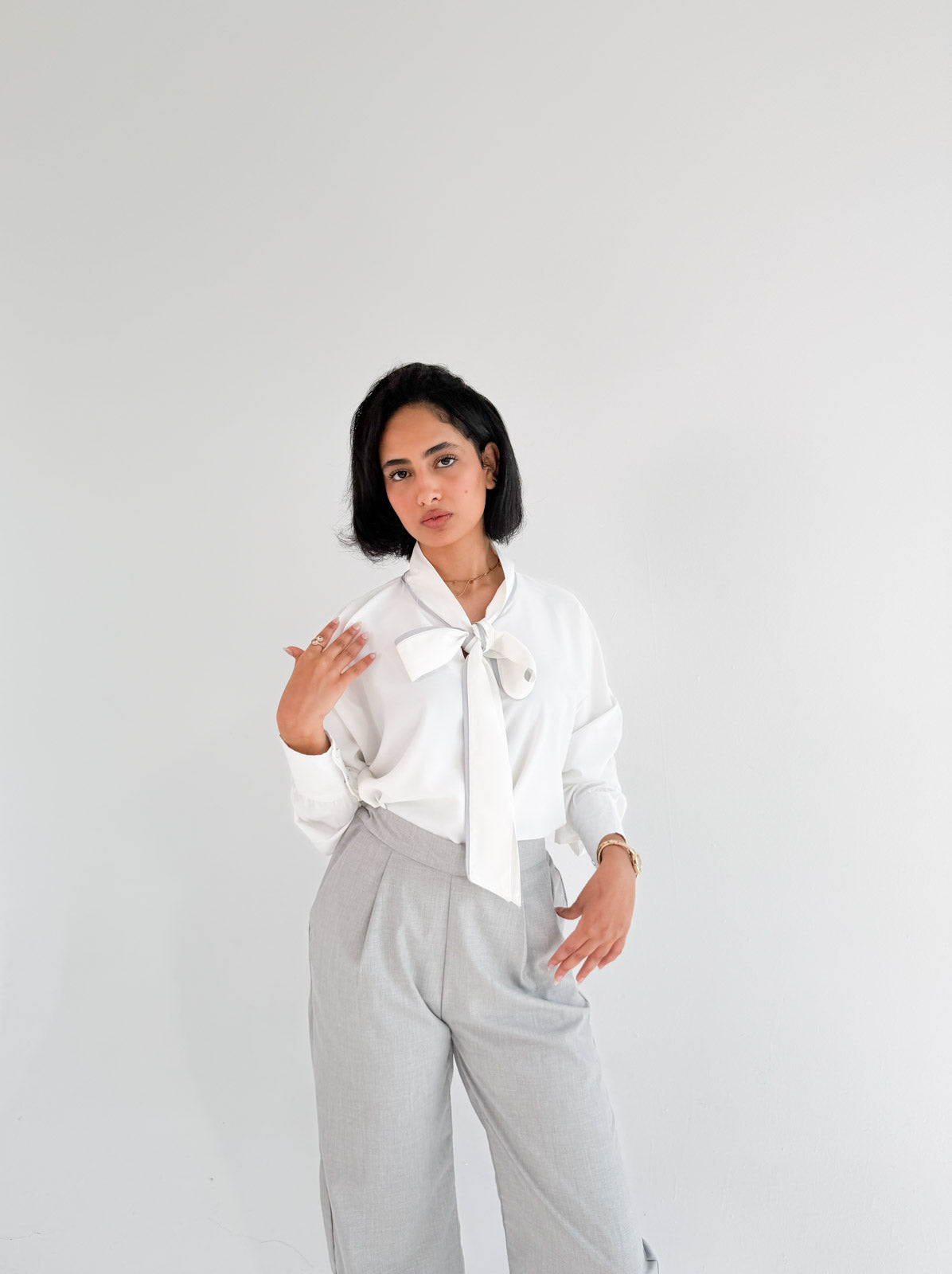 White Bow Blouse with Gray Piping