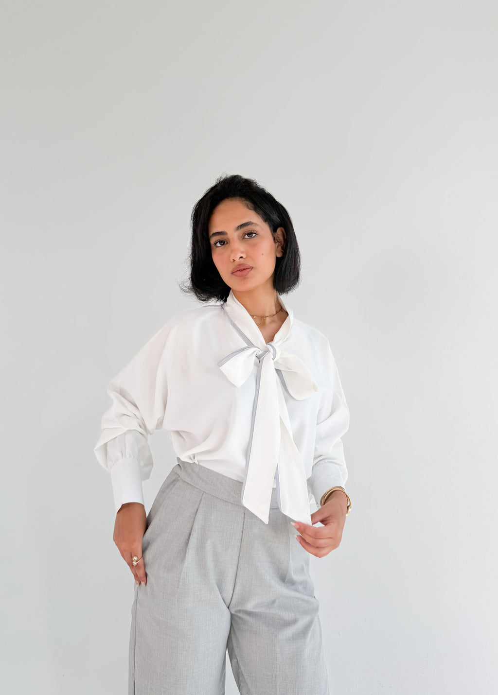 White Bow Blouse with Gray Piping
