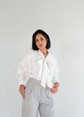 White Bow Blouse with Gray Piping