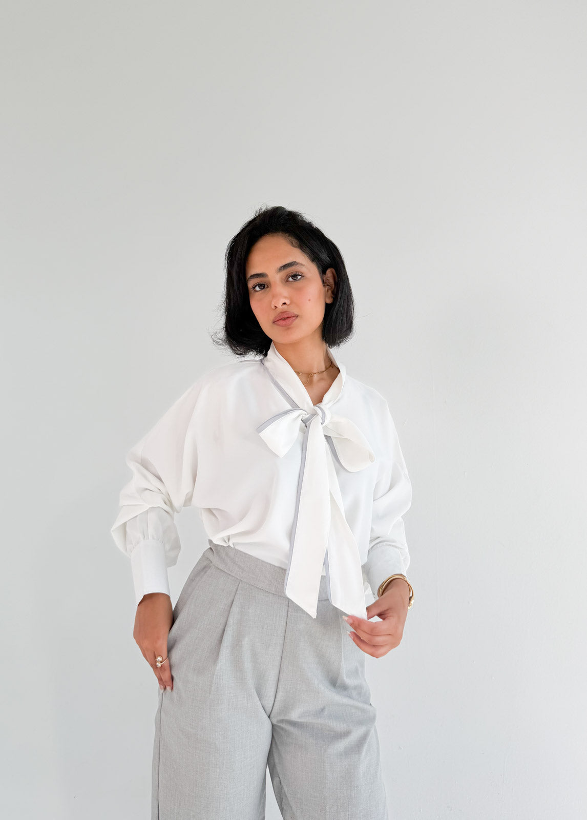 White Bow Blouse with Gray Piping