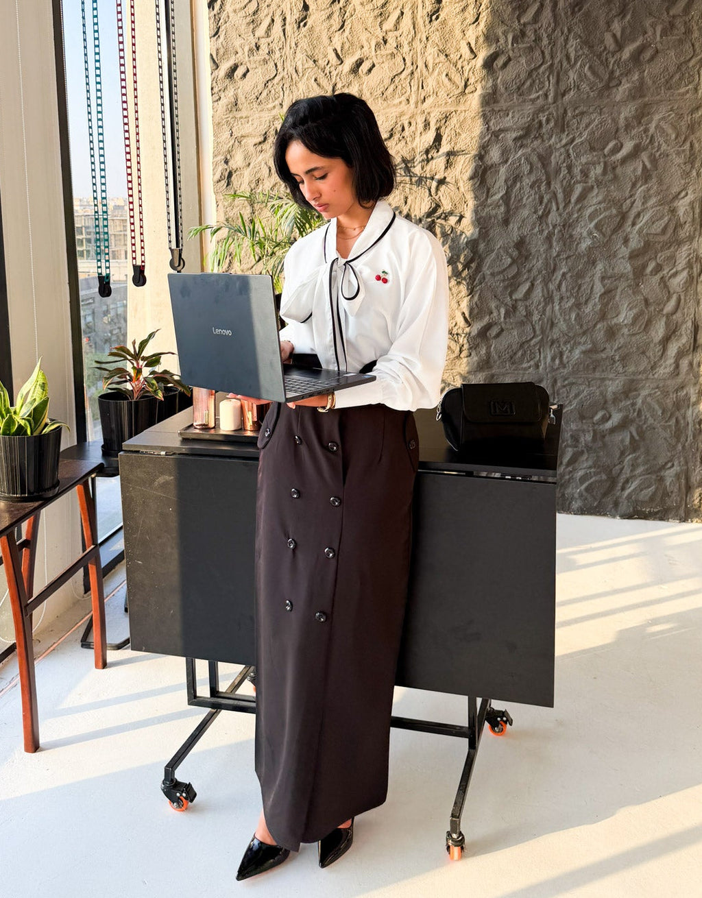Black High-waisted Double-Breasted Maxi Skirt
