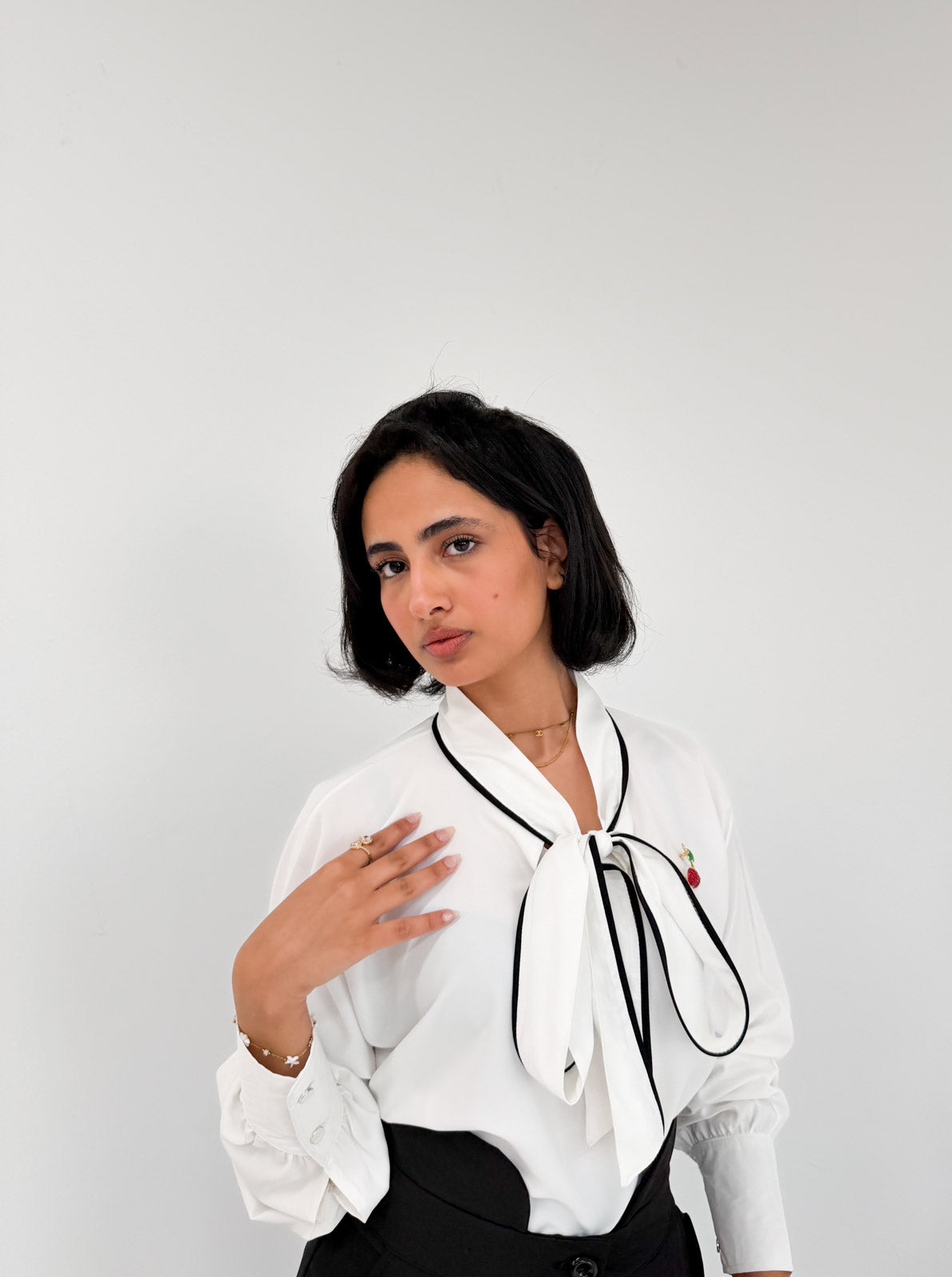 White Bow Blouse with Black Piping