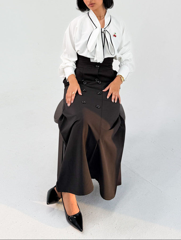 White Bow Blouse with Black Piping