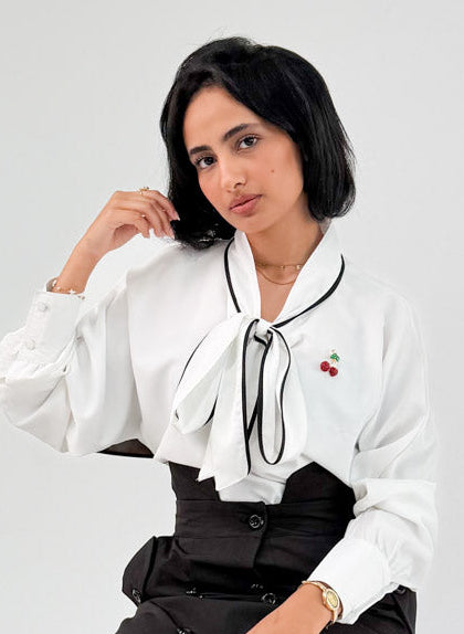White Bow Blouse with Black Piping