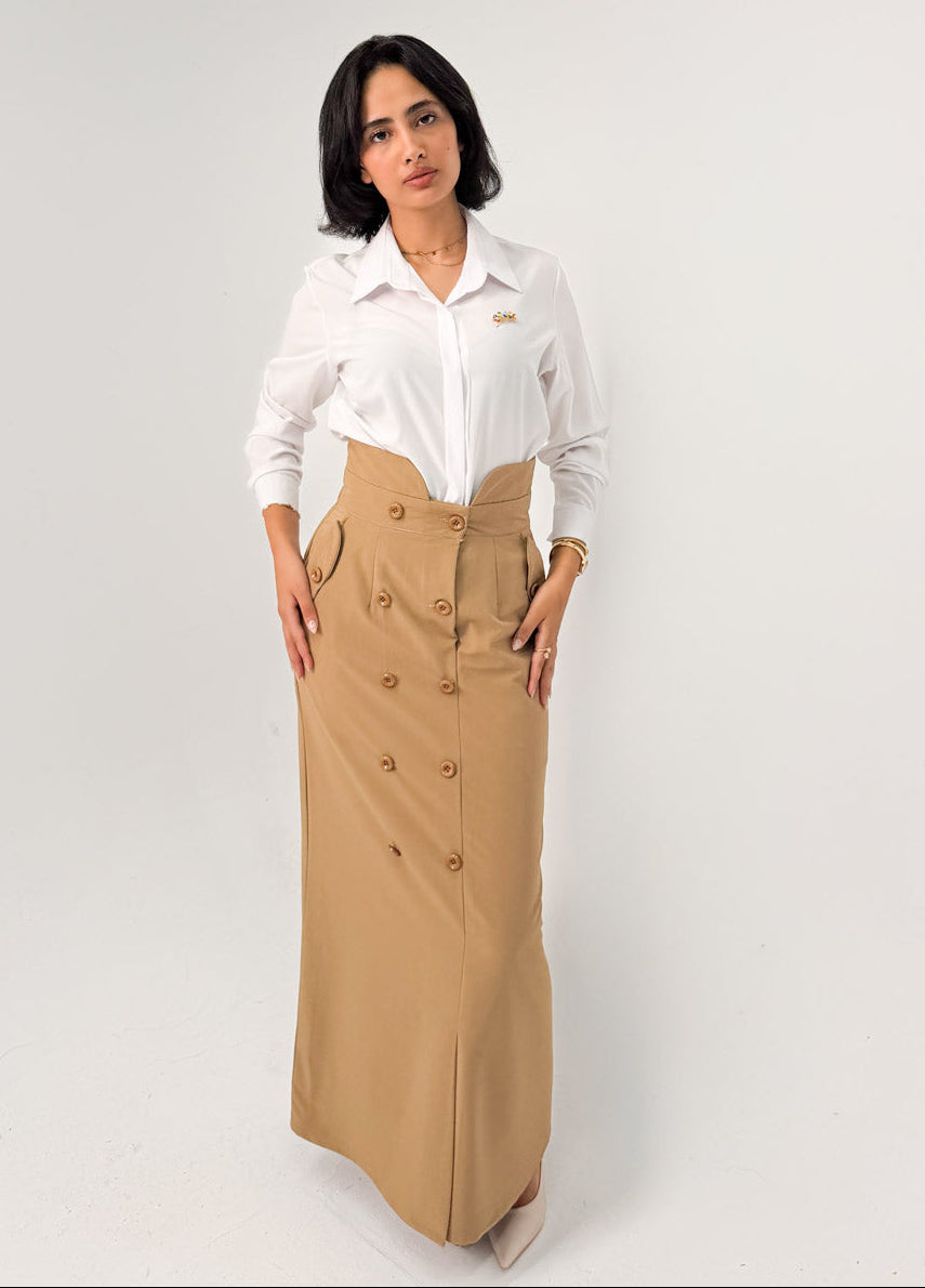 Camel High-Waist Double-Breasted Maxi Skirt