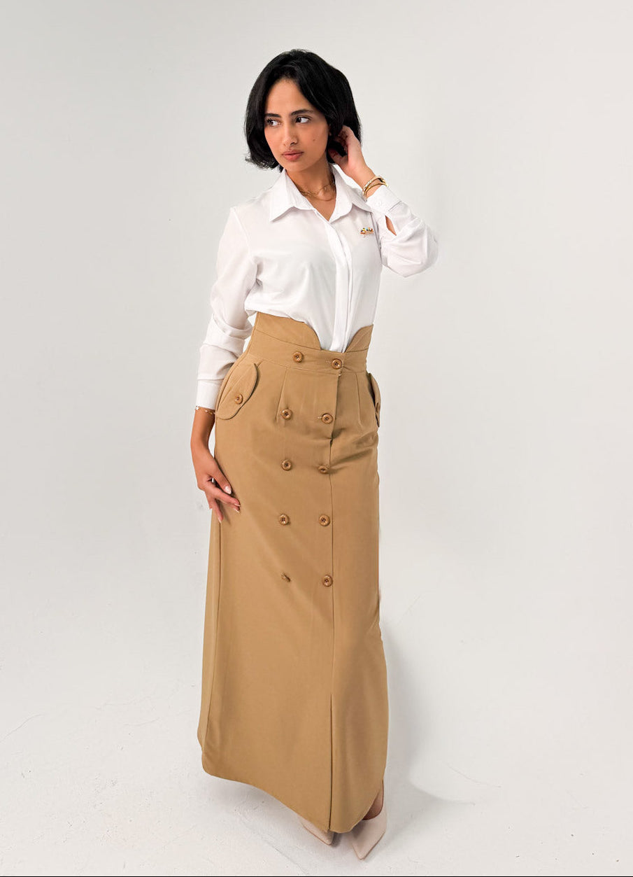 Camel High-Waist Double-Breasted Maxi Skirt