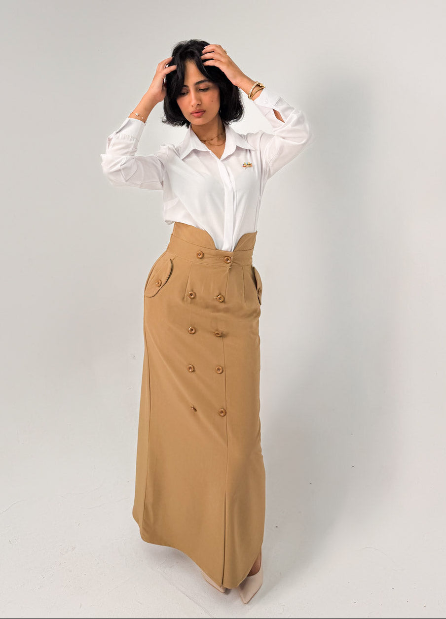 Camel High-Waist Double-Breasted Maxi Skirt