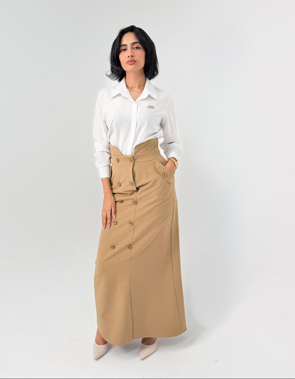 Camel High-Waist Double-Breasted Maxi Skirt