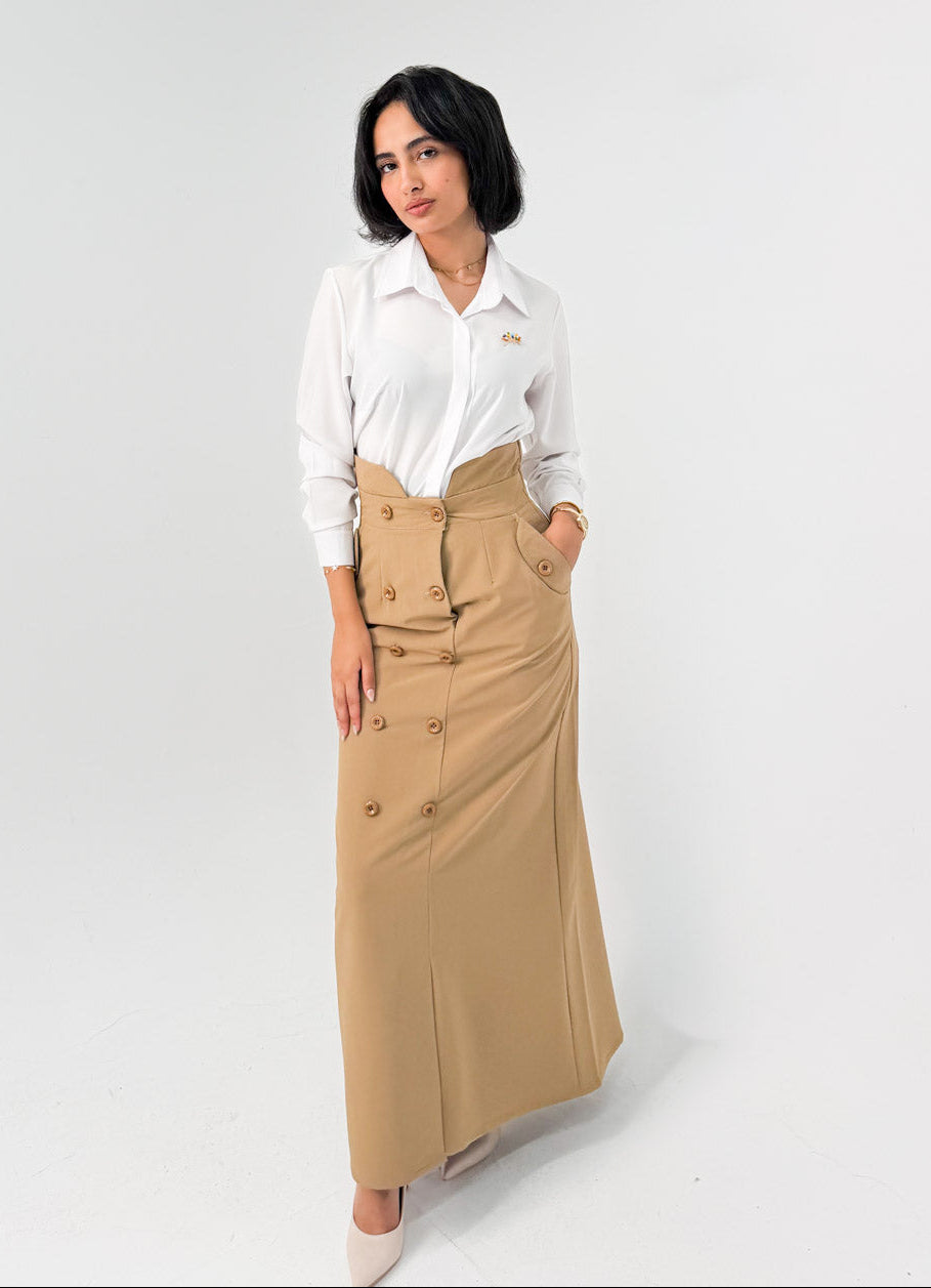 Camel High-Waist Double-Breasted Maxi Skirt