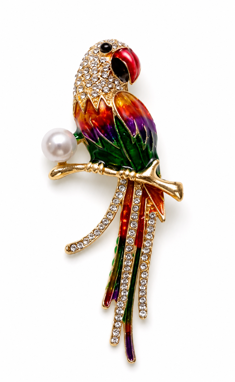 Jeweled Parrot Brooch on Golden Branch