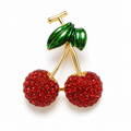 Cherry Brooch with Enamel Leaves